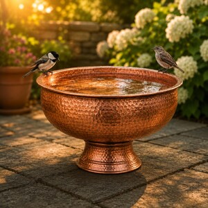 May include: A round, hammered copper birdbath with a wide basin and a pedestal base, filled with water. Two small birds are perched on the rim of the basin, one on the left and one on the right, facing toward the center of the water-filled bowl.