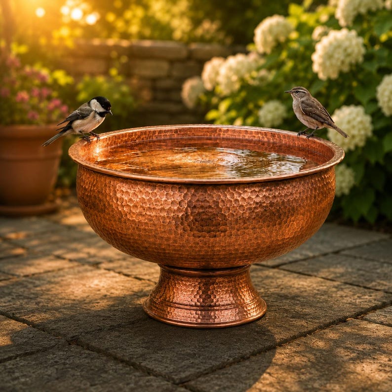 May include: A round, hammered copper birdbath with a wide basin and a pedestal base, filled with water. Two small birds are perched on the rim of the basin, one on the left and one on the right, facing toward the center of the water-filled bowl.