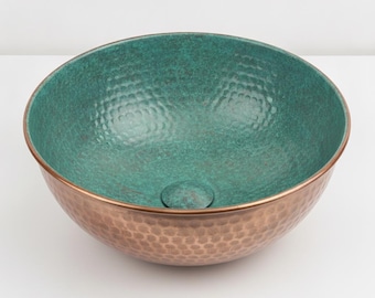 Handmade Copper Patina Vessel Sink | Rustic Farmhouse Bathroom Basin | Artisan Hammered Countertop Sink
