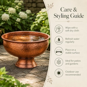 Copper Bird Bath Bowl, Garden Water Feature, Rustic Outdoor Bird Feeder Decor, Hammered Finish image 3