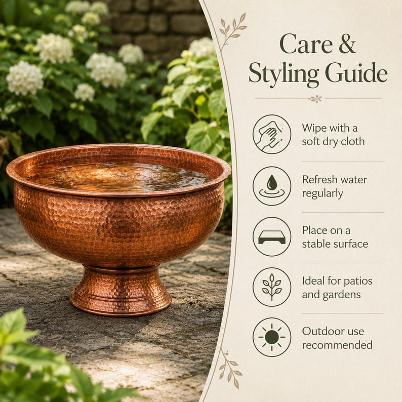 Copper Bird Bath Bowl, Garden Water Feature, Rustic Outdoor Bird Feeder Decor, Hammered Finish image 3