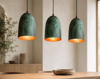 Set van 3 hanglampen in cilindervorm van gehamerd koper, rustieke keukenverlichting, handgemaakte plafondlampen