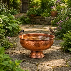 Copper Bird Bath Bowl, Garden Water Feature, Rustic Outdoor Bird Feeder Decor, Hammered Finish image 5