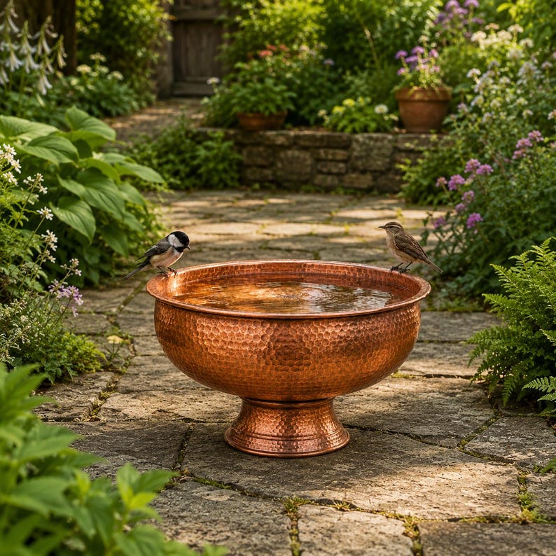 Copper Bird Bath Bowl, Garden Water Feature, Rustic Outdoor Bird Feeder Decor, Hammered Finish image 5