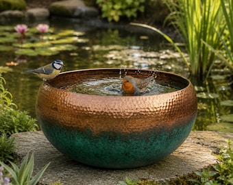 Copper Bird Bath Bowl, Garden Water Feature, Rustic Backyard Water Bowl Decor, Green Patina Finish