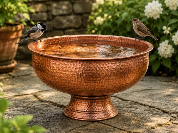 Copper Bird Bath Bowl, Garden Water Feature, Rustic Outdoor Bird Feeder Decor, Hammered Finish