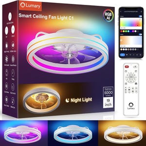 Può includere: Un ventilatore da soffitto intelligente Lumary C1 da 19 pollici con alloggiamento circolare bianco e pale integrate. La confezione mostra il prodotto con illuminazione RGB, modalità luce notturna, interfaccia app e un telecomando.