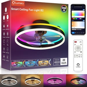 May include: A Lumary Smart Ceiling Fan Light B2 with a 20-inch diameter, featuring a black circular frame with integrated RGB lighting, clear fan blades, a white remote control, and a smartphone app interface showing color and white light settings.