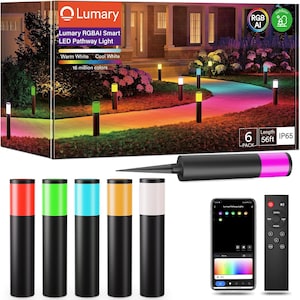 May include: A set of six Lumary RGBAI smart LED pathway lights with black cylindrical bodies and colored light tops. Includes a smartphone app interface, a remote control, and ground stakes. The packaging indicates a 56-foot total length.