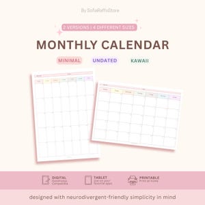 Puede incluir: Una plantilla de calendario mensual digital con dos versiones de diseño y encabezados en colores pastel para los días de la semana. El texto incluye By SofiaRaffoStore, 2 VERSIONS | 4 DIFFERENT SIZES, MONTHLY CALENDAR, MINIMAL, UNDATED, KAWAI, DIGITAL Goodnotes Compatible, TABLET Use on your favorite apps, PRINTABLE Print at home, y designed with neurodivergent-friendly simplicity in mind.