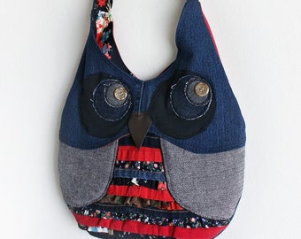 Owl Purse Shoulder Bag Upcycled Denim with Ruffles Handmade Unique Gift for Owl Lovers