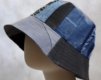 Upcycled Jeans Patchwork Bucket Hat - Handmade Unique - Blue Black and Gray Denim