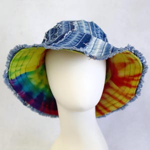 Upcycled Jeans Patchwork Reversible Bucket Hat - Handmade Unique - Blue and Tie Dye Combo