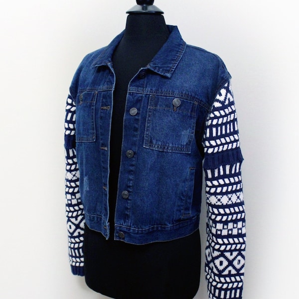 Upcycled Jean Jacket with Vintage Chunky Sweater Knit Sleeves - Sz M