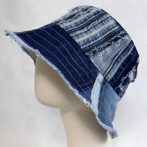 Upcycled Jeans Patchwork Reversible Bucket Hat - Handmade Unique - Frayed Blue and Beige Combo