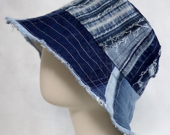 Upcycled Jeans Patchwork Reversible Bucket Hat - Handmade Unique - Frayed Blue and Beige Combo