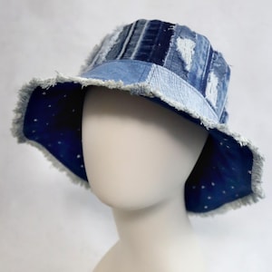 Upcycled Jeans Patchwork Bucket Hat - Handmade Unique - Frayed Edge Blue Denim