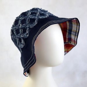 Upcycled Jeans Patchwork Reversible Bucket Hat - Handmade Unique - Frayed Dark wash Blue and Plaid Combo