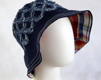 Upcycled Jeans Patchwork Reversible Bucket Hat - Handmade Unique - Frayed Dark wash Blue and Plaid Combo