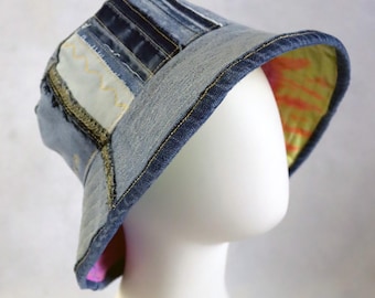 Upcycled Jeans Patchwork Reversible Bucket Hat - Handmade Unique - Light Blue and Tie Dye Combo