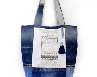 Upcycled Jeans and Vintage Faith Hope Charity Cross Stitch Patchwork Tote Bag - Handmade Unique