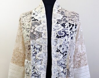 Upcycled Lace Patchwork Open Cardigan - Handmade Unique - Size M/L