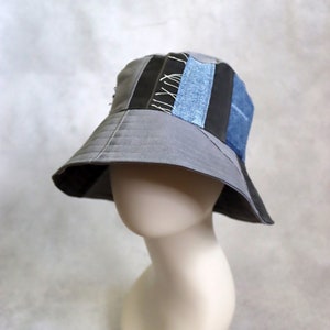 Upcycled Jeans Patchwork Bucket Hat - Handmade Unique - Blue Black and Gray Denim