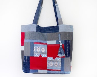 Upcycled Jeans Patchwork Tote Bag - Handmade Unique