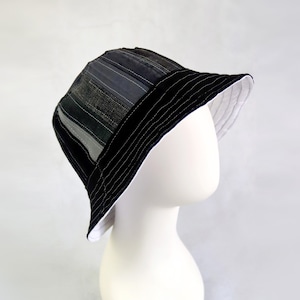Upcycled Jeans Patchwork Reversible Bucket Hat - Handmade Unique - Black White Gray Denim Combo