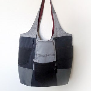 Upcycled Dark Wash Jeans Pocket Patchwork Tote Bag - Handmade Unique - Black and Gray Denim