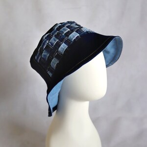 Upcycled Jeans Woven Lattice Patchwork Reversible Bucket Hat - Handmade Unique