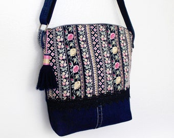 Upcycled Denim Embroidered Floral Crossbody Bag Handmade Zippered Purse with Tassel