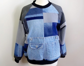 Upcycled Jean Patchwork Sweatshirt  - Handmade Unique - Size M/L