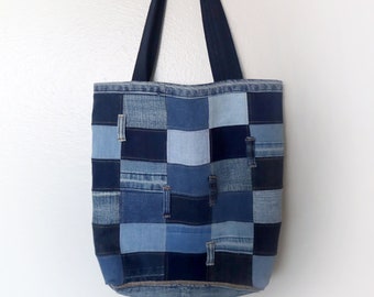 Upcycled Jeans Patchwork Tote Bag - Handmade Unique