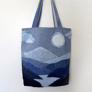 Upcycled Jeans Sunny Mountainscape Collage Tote Bag - Handmade Unique