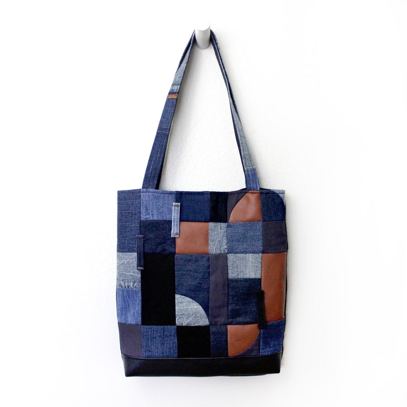 Upcycled Denim and Leather Modern Abstract Patchwork Tote Bag - Etsy