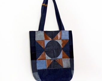 Upcycled Denim Patchwork Tote Bag Handmade Unique