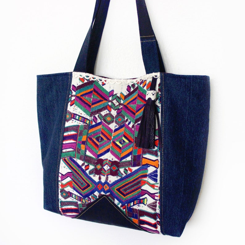 Upcycled Denim Vintage Embroidery Colorful Tote Bag Handmade image 1