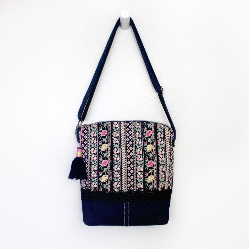 Upcycled Denim Embroidered Floral Crossbody Bag Handmade | Etsy