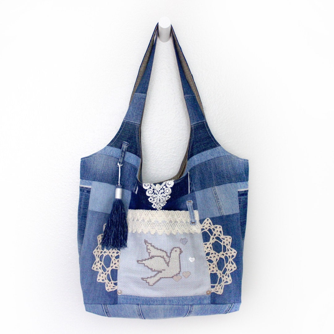 Upcycled Jeans and Vintage Peace Dove Cross Stitch Big Patchwork Tote ...