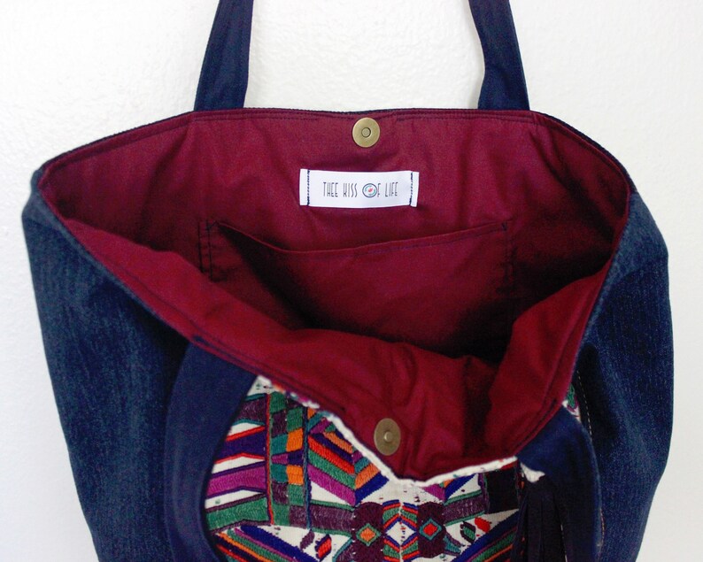 Upcycled Denim Vintage Embroidery Colorful Tote Bag Handmade image 3
