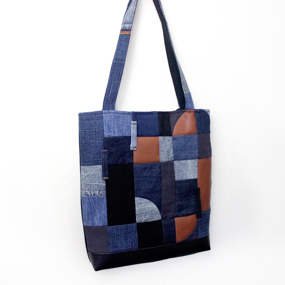 Upcycled Denim and Leather Modern Abstract Patchwork Tote Bag - Etsy