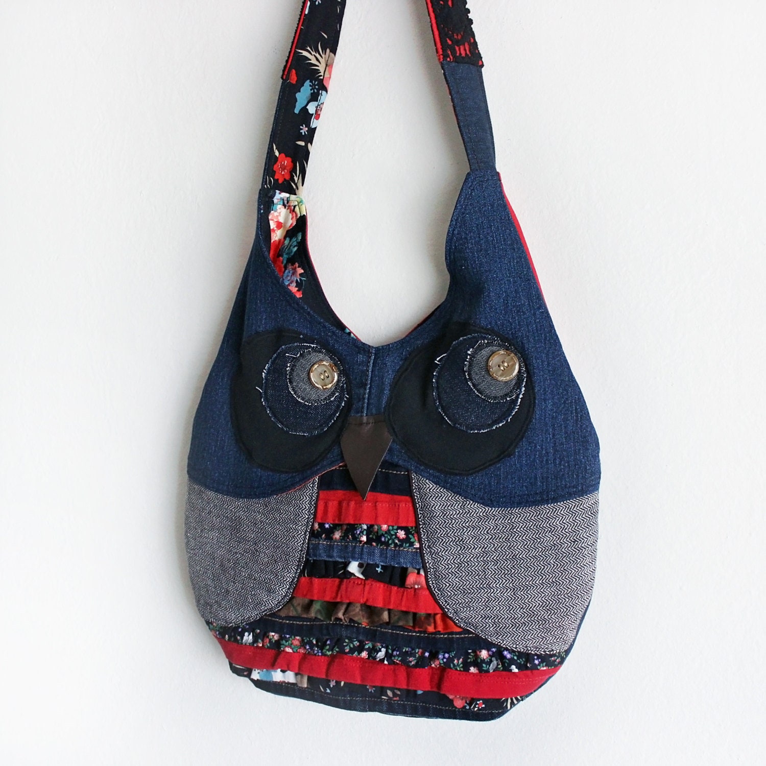 Owl Purse Shoulder Bag Upcycled Denim with Ruffles Handmade Unique Gift for Owl Lovers