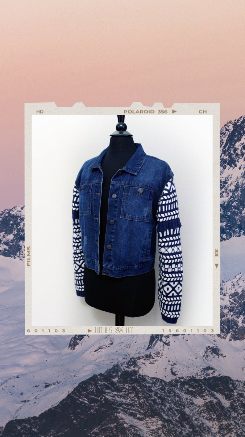 Refashion Jean Jacket and Vintage Chunky Knit Sweater Mashup