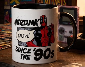 Deadpool Ceramic Coffee Mug -  'Nerdin Since The 90s' Novelty Cup, 11oz Handle & Rim Tea Mug for Marvel Fans, Unique Birthday Gift for Him