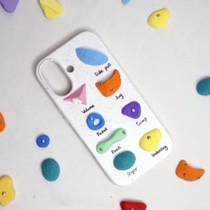 Può includere: Una cover per telefono bianca maculata con varie prese da arrampicata colorate attaccate alla superficie. Le prese sono etichettate con testo che include Side pull, Jug, Volume, Pocket, Crimp, Pinch, Undercling e Sloper. Ulteriori prese sciolte circondano la cover.