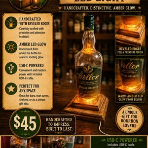 Puede incluir: Luz LED rústica para botella de bourbon con brillo ámbar. La botella Weller se asienta sobre una base de madera, iluminada desde abajo. Cuenta con alimentación USB-C y bordes biselados. Un regalo único para los amantes del bourbon.