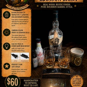 May include: A bourbon bottle lamp featuring a Buffalo Trace bottle with an Edison bulb, mounted on a curved oak barrel stave base. Includes two glass tumblers, a 5.6-foot cord with a US plug, and an on/off switch. Text includes Big Daddy's Woodworks.