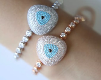 Silver Evil Eye Tennis Bracelet - Silver Bracelet - Adjustable Evil Eye Bracelet