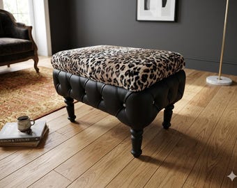 Pouf ottoman coffee table in faux fur and genuine leather - Italian craftsmanship